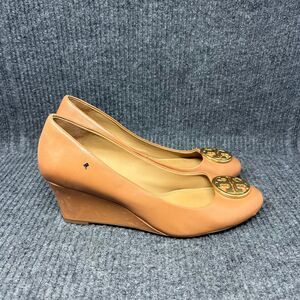 Tory Burch‎ Sally Wedge Closed Toe Heels Pumps Logo Brown Leather Women’s 9.5 M